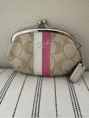 Coach Signature Canvas Kiss-Lock Coin Purse - Pink & Cream Stripe
